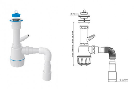 Сифон для мойки с разб.выпуском 700мм, с отв. для ст. машины, дл. винта 30 мм, большая колба, M106-1