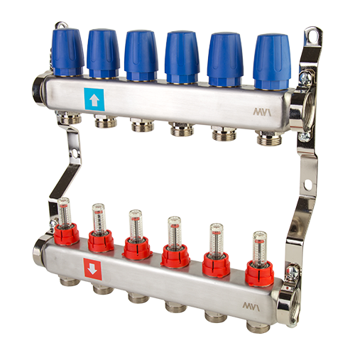 Коллектор из нержавеющей стали в сборе с расходомерами, 6 выходов (1/4)