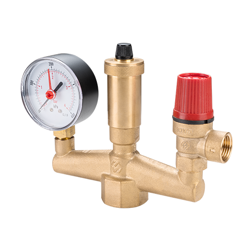 Группа безопасности котла с манометром, предохранительным клапаном и автоматическим воздухоотводчиком