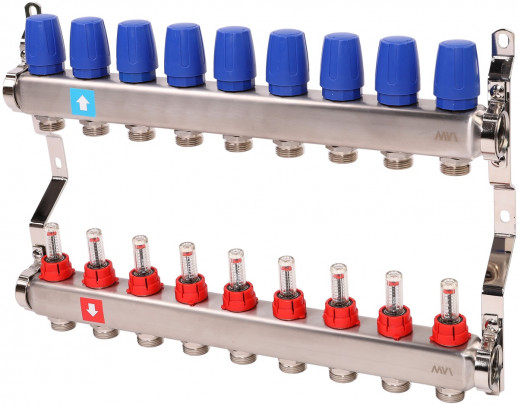 Коллектор из нержавеющей стали в сборе с расходомерами, 9 выходов