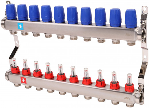 Коллектор из нержавеющей стали в сборе с расходомерами, 10 выходов