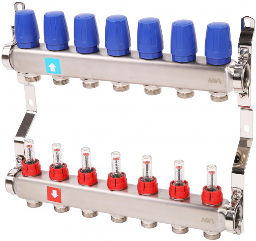 Коллектор из нержавеющей стали в сборе с расходомерами, 7 выходов