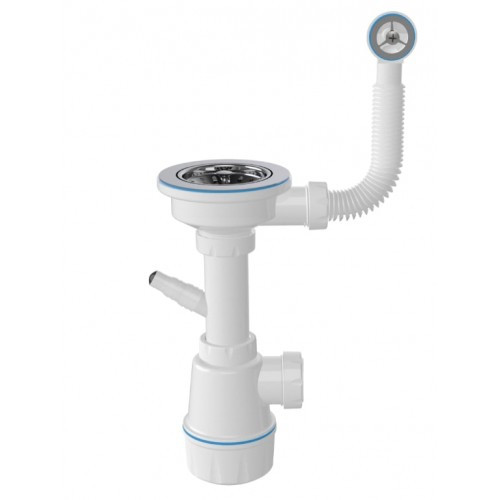 Сифон для керамич. мойки с кругл.переливом, выпуск 3 1/2, пластик. винт 45 мм, с отводом для  M104-1