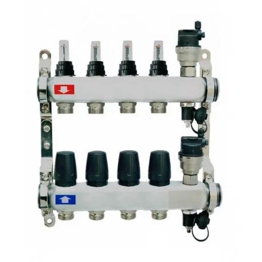 Коллекторная группа "SIS/ELITELINE" 4-выхода с расходомерами автосброс+кран дренажный нержавейка